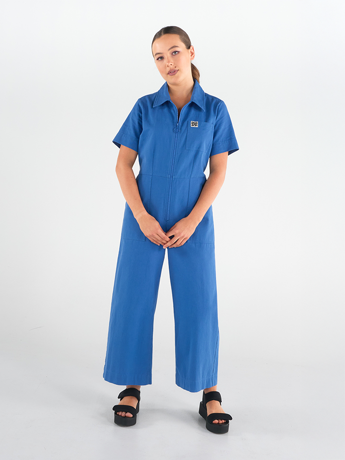 Stella Jumpsuit in Blue Lagoon, 100% cotton drill, practical pockets, by Madge Goods Sydney.