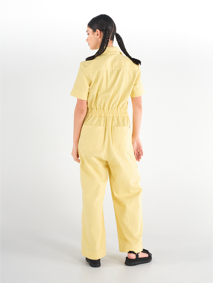 Back view of Stella Jumpsuit in Limoncello yellow cotton, relaxed fit, Sydney-made design.