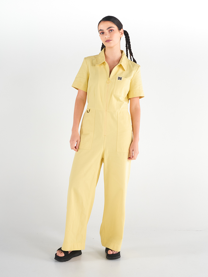 Stella Jumpsuit in Limoncello yellow, 100% cotton drill with functional pockets, by Madge Goods Sydney.