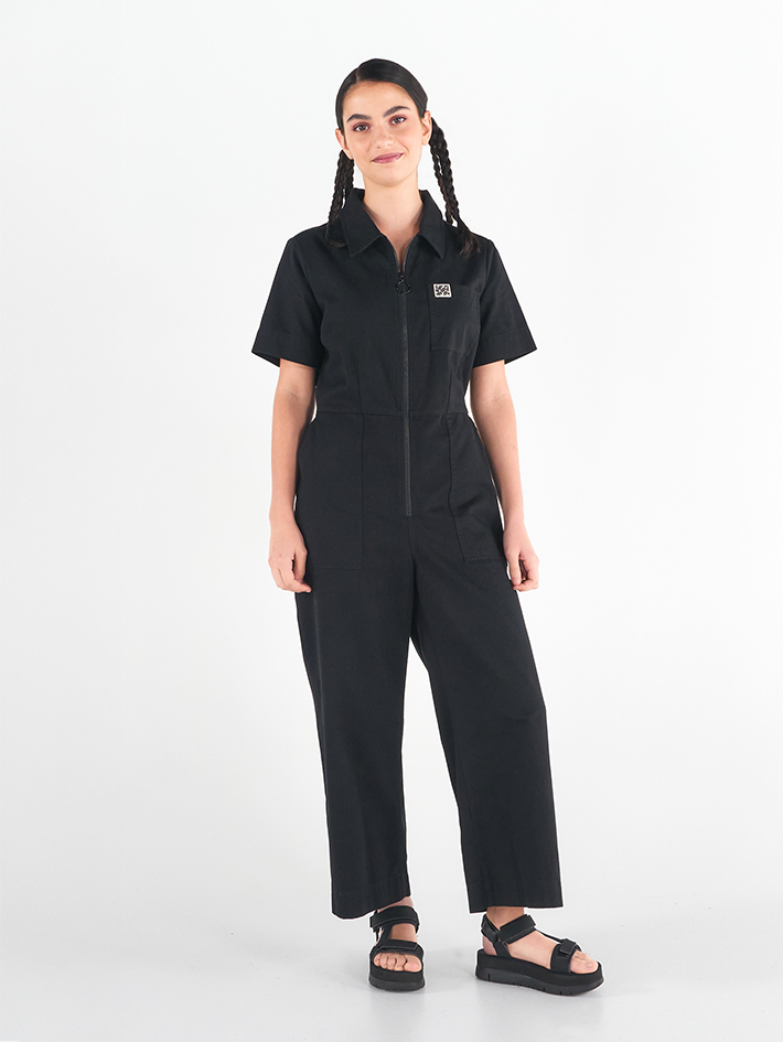 Stella Jumpsuit in Liquorice black, 100% cotton drill with five pockets, by Madge Goods Sydney.