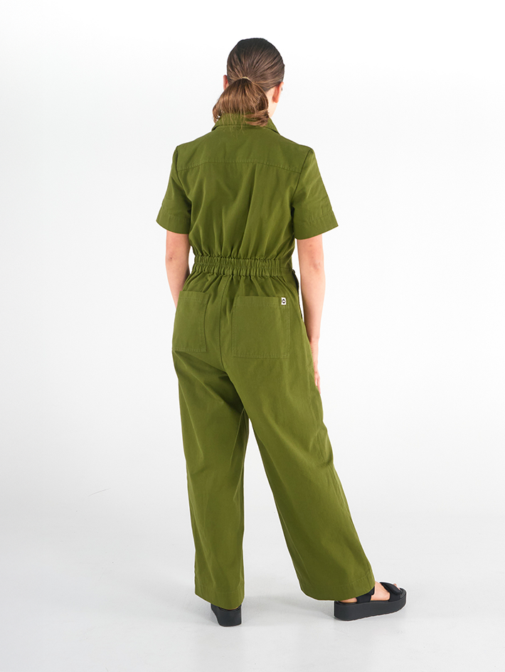 Back view of Stella Jumpsuit in Matcha Green cotton, relaxed fit, Sydney-made design.