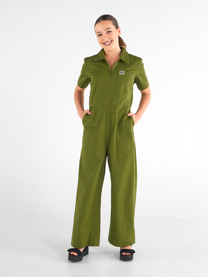 Stella Jumpsuit in Matcha Green, 100% cotton drill with pockets, by Madge Goods Sydney.