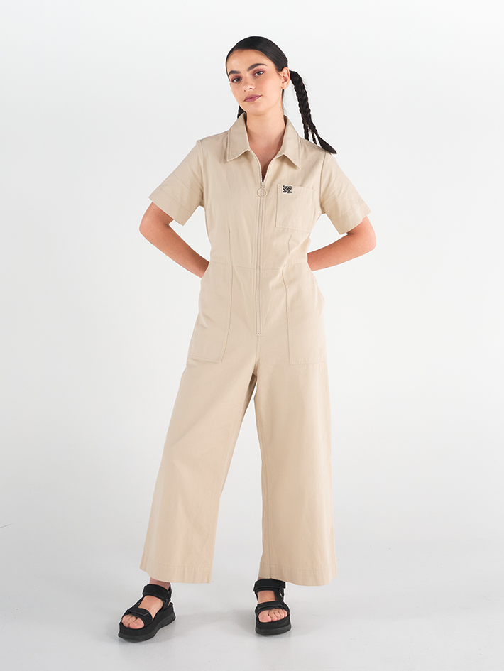 Stella Jumpsuit in Oatmilk beige, 100% cotton drill with pockets, by Madge Goods Sydney.