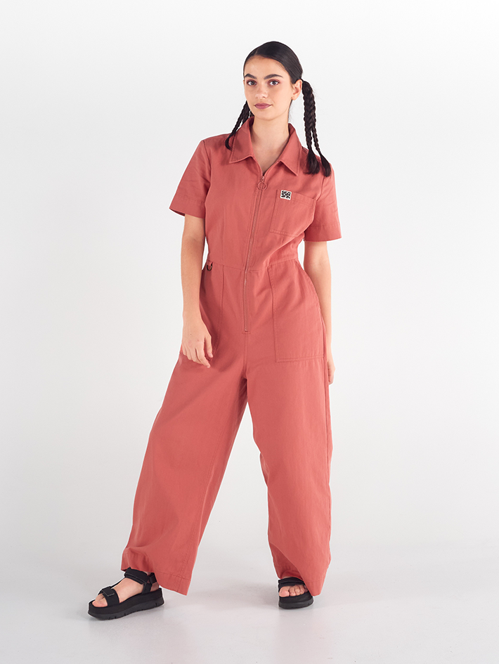 Stella Jumpsuit in Terracotta Red, 100% cotton drill with pockets, by Madge Goods Sydney.