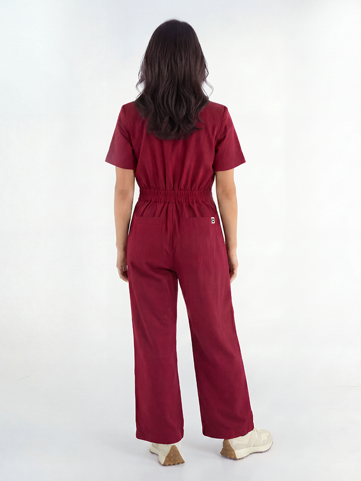 Stella Jumpsuit Burgundy Red — back 
view, cotton drill workwear jumpsuit for creative women, sizes 8-18