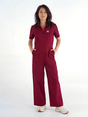 Stella Jumpsuit Burgundy Red — front view, cotton drill workwear jumpsuit for creative women, sizes 8-18