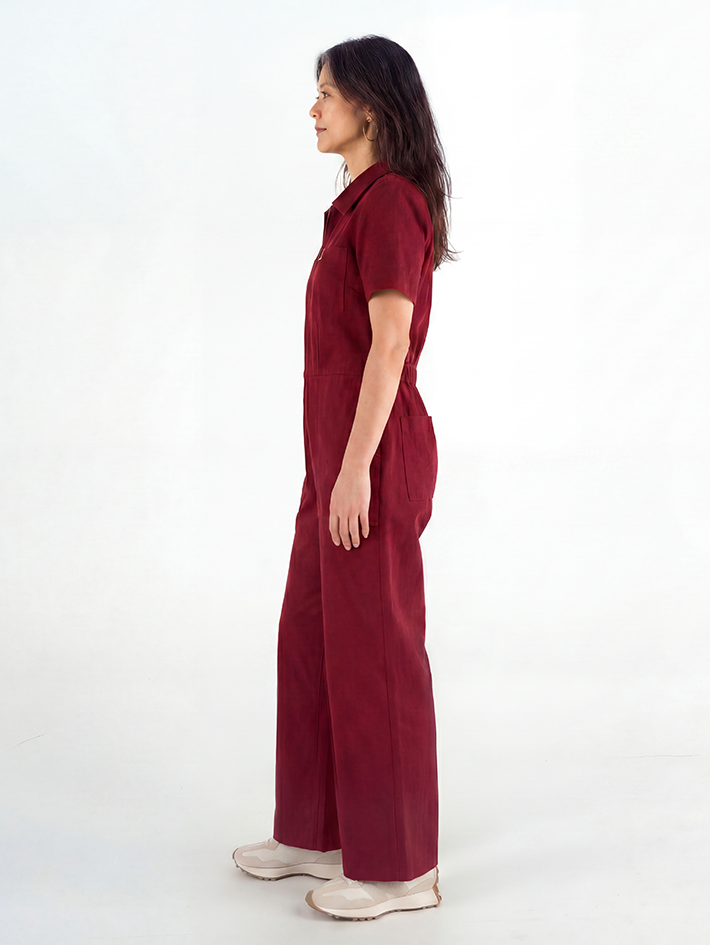 Stella Jumpsuit Burgundy Red — side view, cotton drill workwear jumpsuit for creative women, sizes 8-18