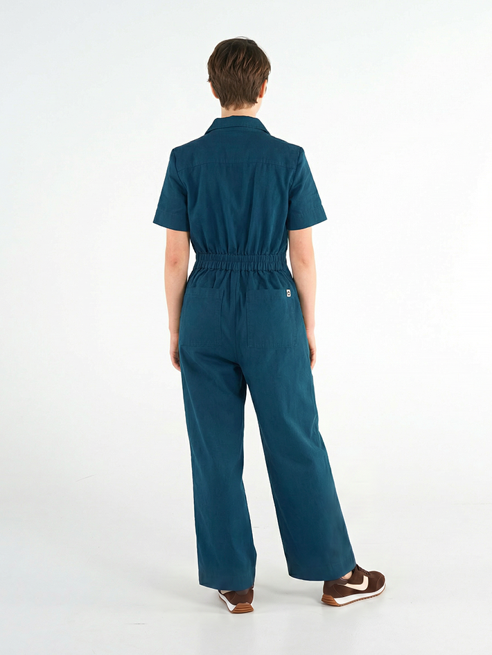 Stella Jumpsuit Midnight Teal — back view, cotton drill workwear jumpsuit for creative women, sizes 8-18