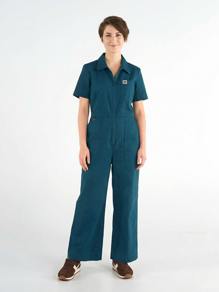 Stella Jumpsuit Midnight Teal — front view, cotton drill workwear jumpsuit for creative women, sizes 8-18