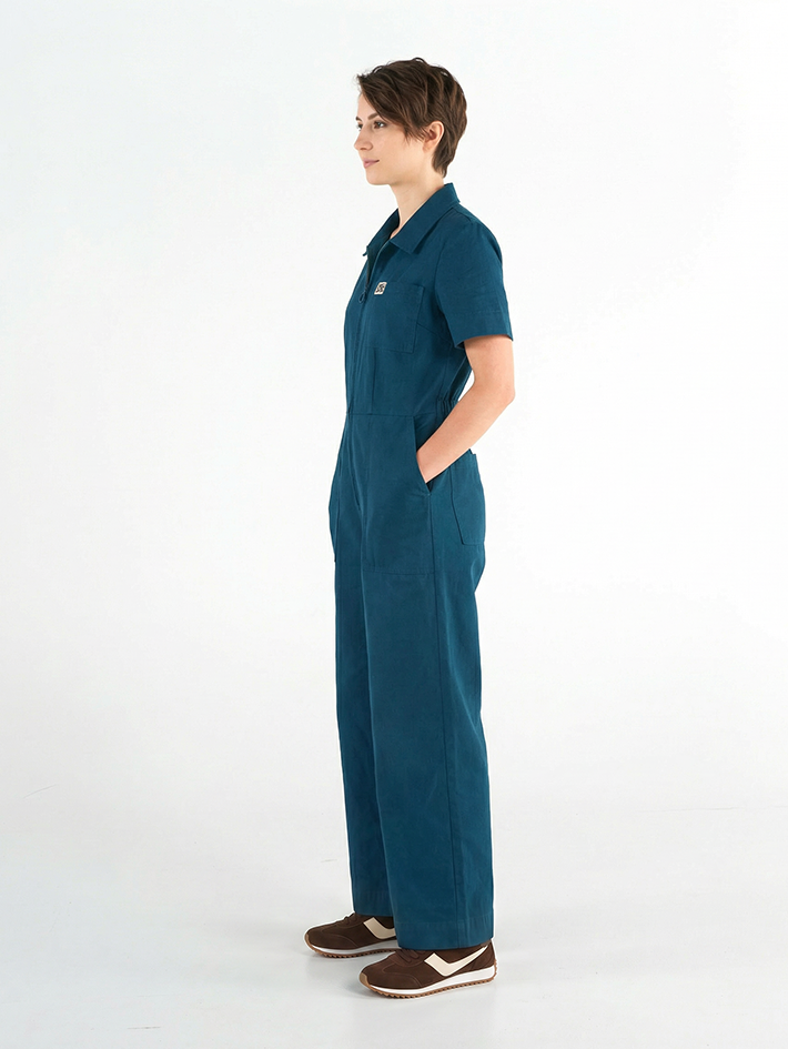 Stella Jumpsuit Midnight Teal — side view, cotton drill workwear jumpsuit for creative women, sizes 8-18