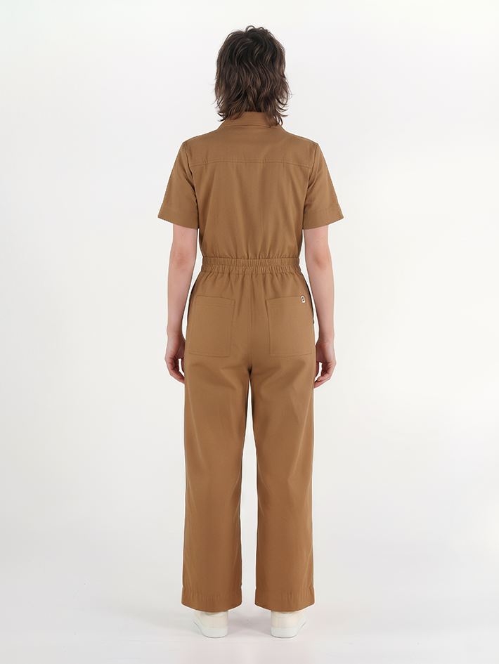 Stella Jumpsuit Peanut Butter — back view, cotton drill workwear jumpsuit for creative women, sizes 8-18
