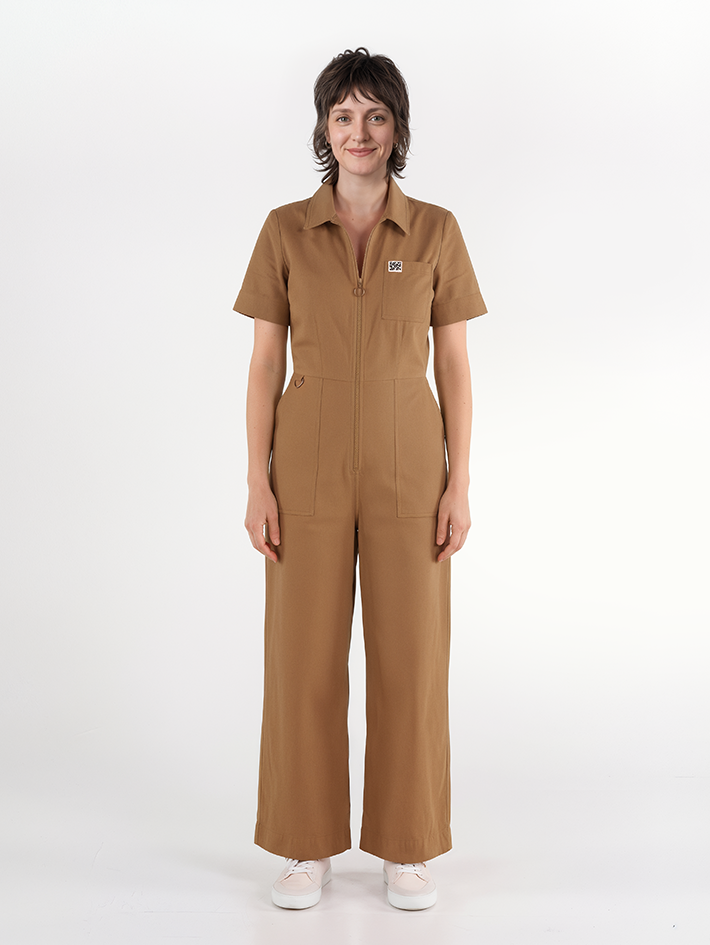 Stella Jumpsuit Peanut Butter — front view, cotton drill workwear jumpsuit for creative women, sizes 8-18