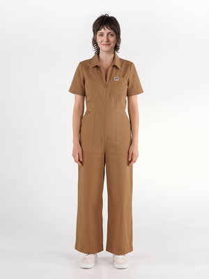 Stella Jumpsuit Peanut Butter — front view, cotton drill workwear jumpsuit for creative women, sizes 8-18