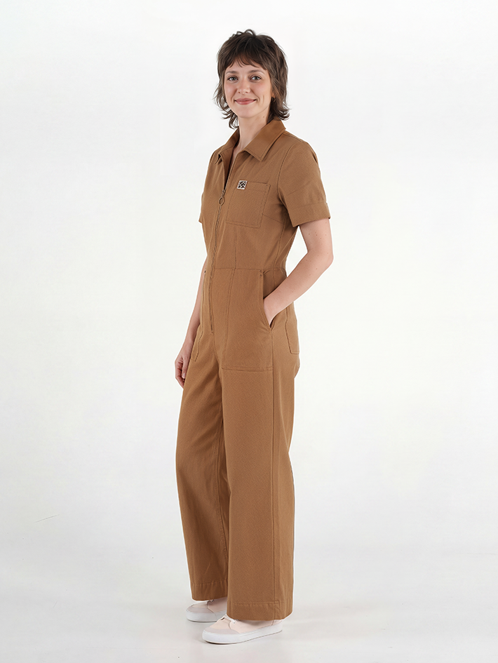 Stella Jumpsuit Peanut Butter — side view, cotton drill workwear jumpsuit for creative women, sizes 8-18