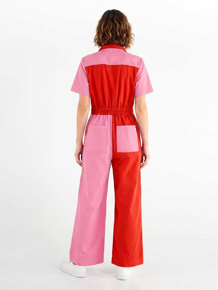 Stella Jumpsuit Popping Candy — back view, relaxed fit cotton drill boilersuit, Madge Goods Australia