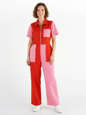 Stella Jumpsuit Popping Candy — front view, cotton drill workwear jumpsuit for creative women, sizes 8-18